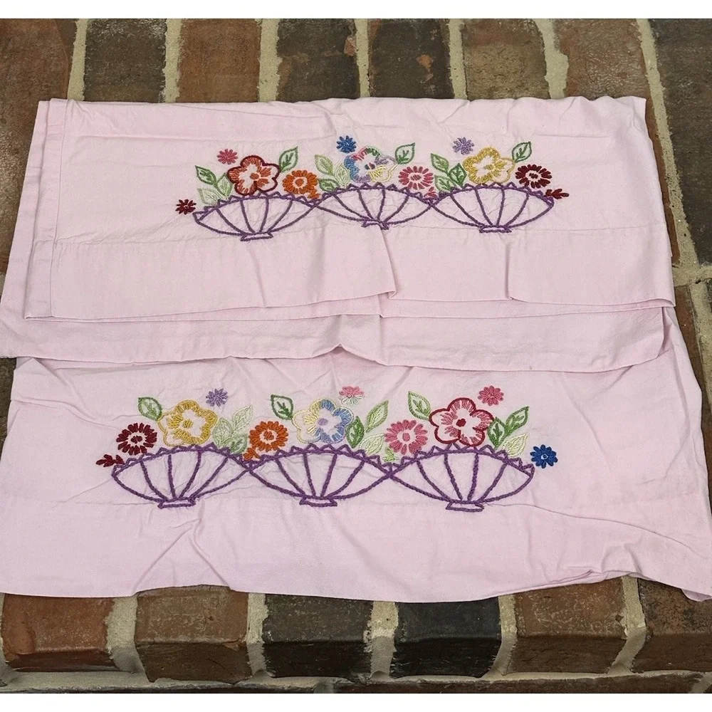 2 Vintage Standard Cotton Pink Pillowcases Hand Embroidered Flowers Baskets